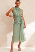 Load image into Gallery viewer, Sage Green Sheath Chiffon High Neck Ruched Midi Work Dress