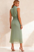 Load image into Gallery viewer, Sage Green Sheath Chiffon High Neck Ruched Midi Work Dress