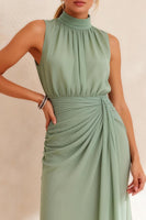 Load image into Gallery viewer, Sage Green Sheath Chiffon High Neck Ruched Midi Work Dress