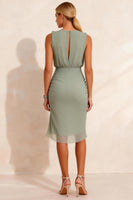 Load image into Gallery viewer, Dusty Sage Chiffon Ruched Round Neck Midi Work Dress with Slit