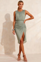 Load image into Gallery viewer, Dusty Sage Chiffon Ruched Round Neck Midi Work Dress with Slit