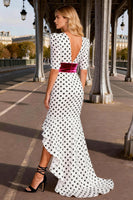 Load image into Gallery viewer, Black and White Polka Dots Mermaid Ruffled V-Neck Long Prom Dress with Sleeves