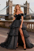 Load image into Gallery viewer, Black and White Polka Dots Off the Shoulder Ruffled Long Prom Dress with Slit