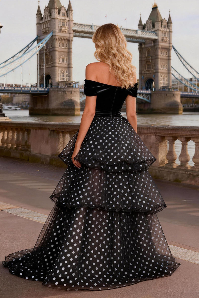 Load image into Gallery viewer, Black and White Polka Dots Off the Shoulder Ruffled Long Prom Dress with Slit