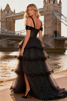 Load image into Gallery viewer, Black and White Polka Dots Tulle Cold Shoulder Long Prom Dress with Ruffles