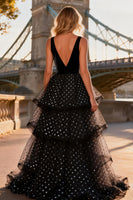 Load image into Gallery viewer, Polka Dots Ruffled Black and White V Neck Long Prom Dress with Slit