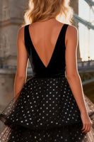 Load image into Gallery viewer, Polka Dots Ruffled Black and White V Neck Long Prom Dress with Slit