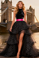 Load image into Gallery viewer, Polka Dots Black and White Ruffled Tulle High Neck Long Prom Dress with Slit