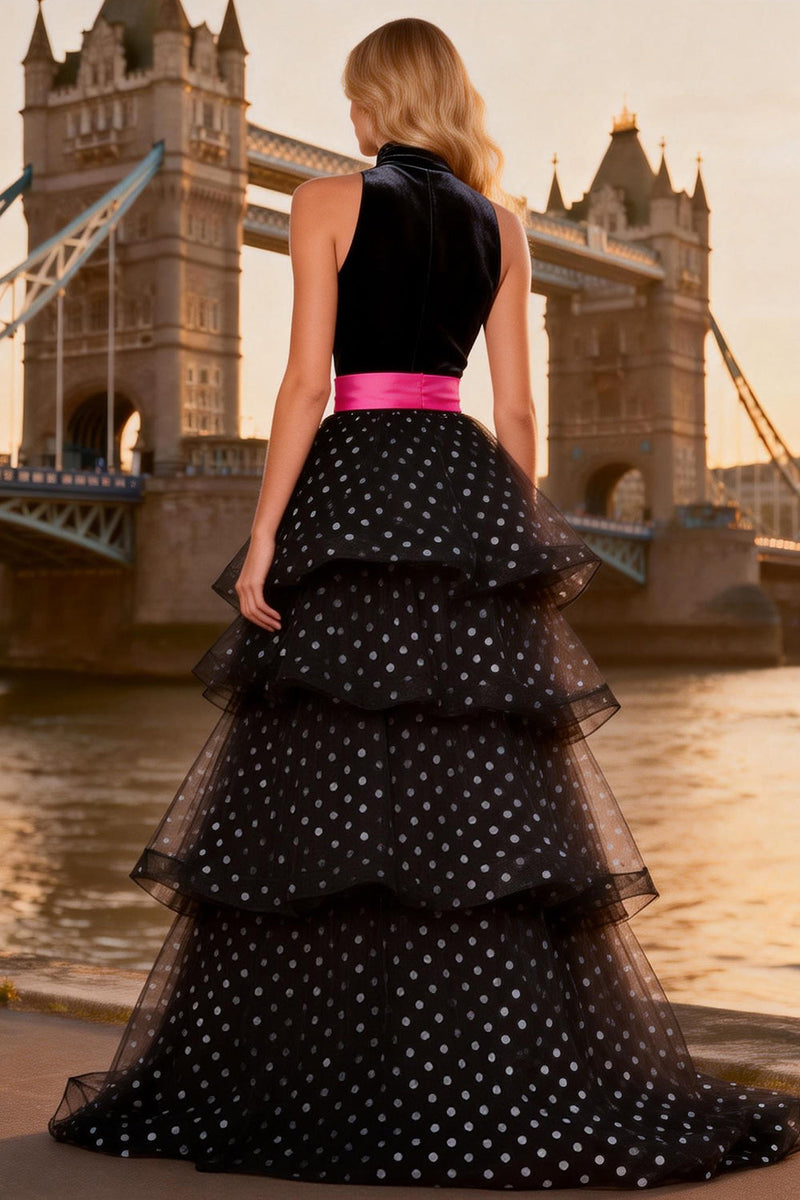 Load image into Gallery viewer, Polka Dots Black and White Ruffled Tulle High Neck Long Prom Dress with Slit