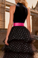 Load image into Gallery viewer, Polka Dots Black and White Ruffled Tulle High Neck Long Prom Dress with Slit