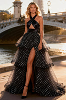 Load image into Gallery viewer, Black and White Polka Dots A Line Long Ruffled Prom Dress with Keyhole