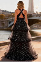 Load image into Gallery viewer, Black and White Polka Dots A Line Long Ruffled Prom Dress with Keyhole