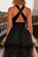 Load image into Gallery viewer, Black and White Polka Dots A Line Long Ruffled Prom Dress with Keyhole
