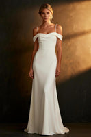 Load image into Gallery viewer, White Satin Mermaid Cold Shoulder Floor Length Wedding Dress