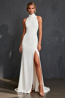 Load image into Gallery viewer, White Satin Mermaid High Neck Floor Length Wedding Dress with Slit