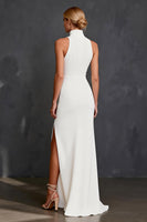 Load image into Gallery viewer, White Satin Mermaid High Neck Floor Length Wedding Dress with Slit
