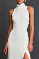Load image into Gallery viewer, White Satin Mermaid High Neck Floor Length Wedding Dress with Slit