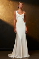 Load image into Gallery viewer, White Satin Mermaid Cowl Neck Sweep Train Wedding Dress
