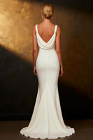 Load image into Gallery viewer, White Satin Mermaid Cowl Neck Sweep Train Wedding Dress