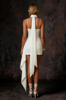 White Satin Corset Ruched Bodycon Short Wedding Dress with Streamer