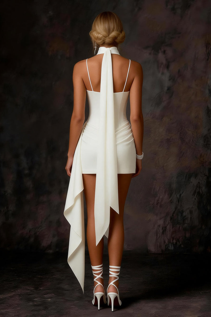 Load image into Gallery viewer, White Satin Corset Ruched Bodycon Short Wedding Dress with Streamer