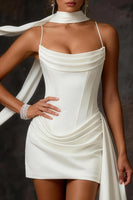 Load image into Gallery viewer, White Satin Corset Ruched Bodycon Short Wedding Dress with Streamer