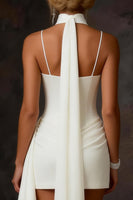 Load image into Gallery viewer, White Satin Corset Ruched Bodycon Short Wedding Dress with Streamer