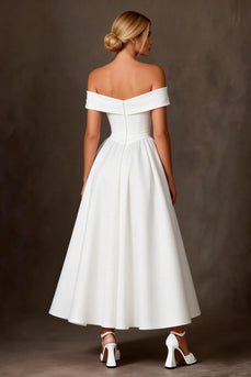 White Satin A Line Off The Shoulder Ankle Length Wedding Dress