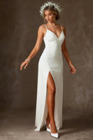 Load image into Gallery viewer, White Chiffon Spaghetti Straps Mermaid Floor Length Wedding Dress with Cape