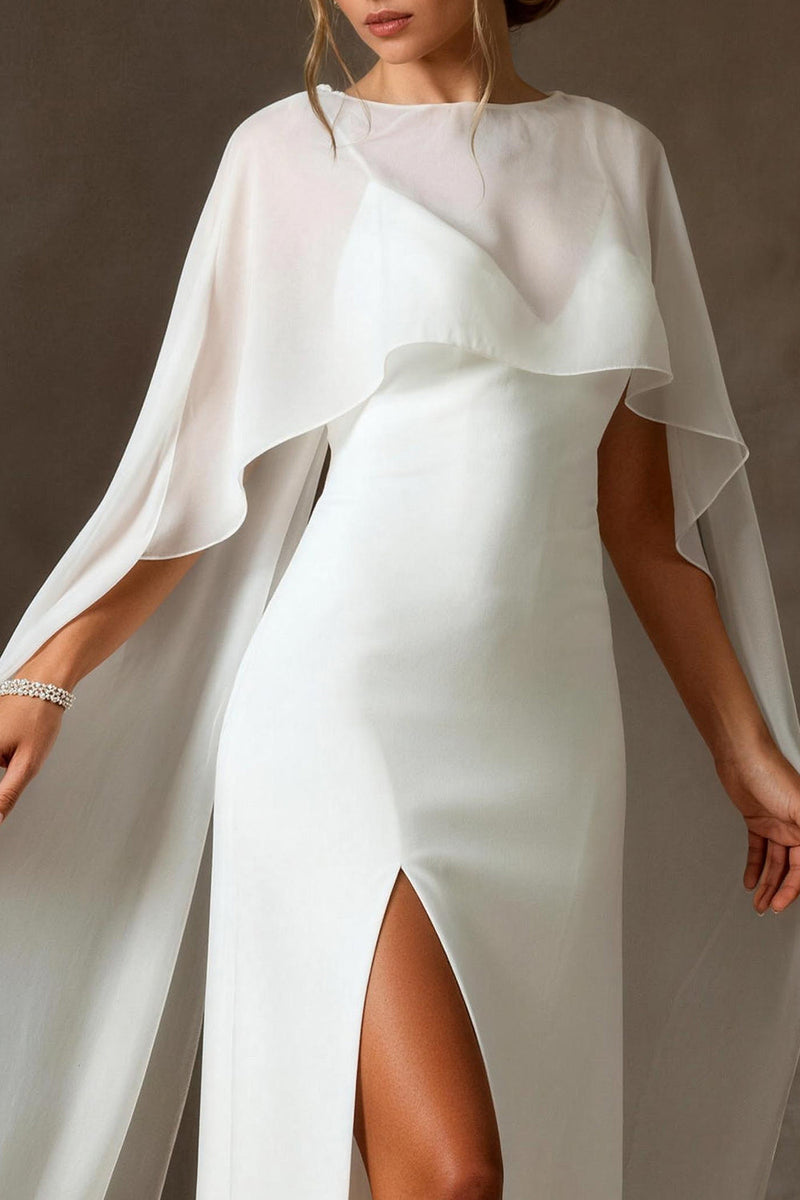 Load image into Gallery viewer, White Chiffon Spaghetti Straps Mermaid Floor Length Wedding Dress with Cape