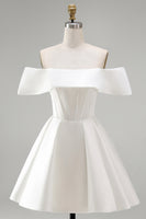 Load image into Gallery viewer, White Corset Ruched A Line Off The Shoulder Short Wedding Dress