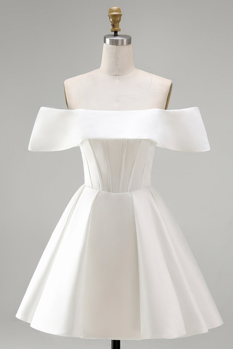 Load image into Gallery viewer, White Corset Ruched A Line Off The Shoulder Short Wedding Dress