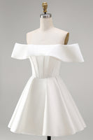 Load image into Gallery viewer, White Corset Ruched A Line Off The Shoulder Short Wedding Dress