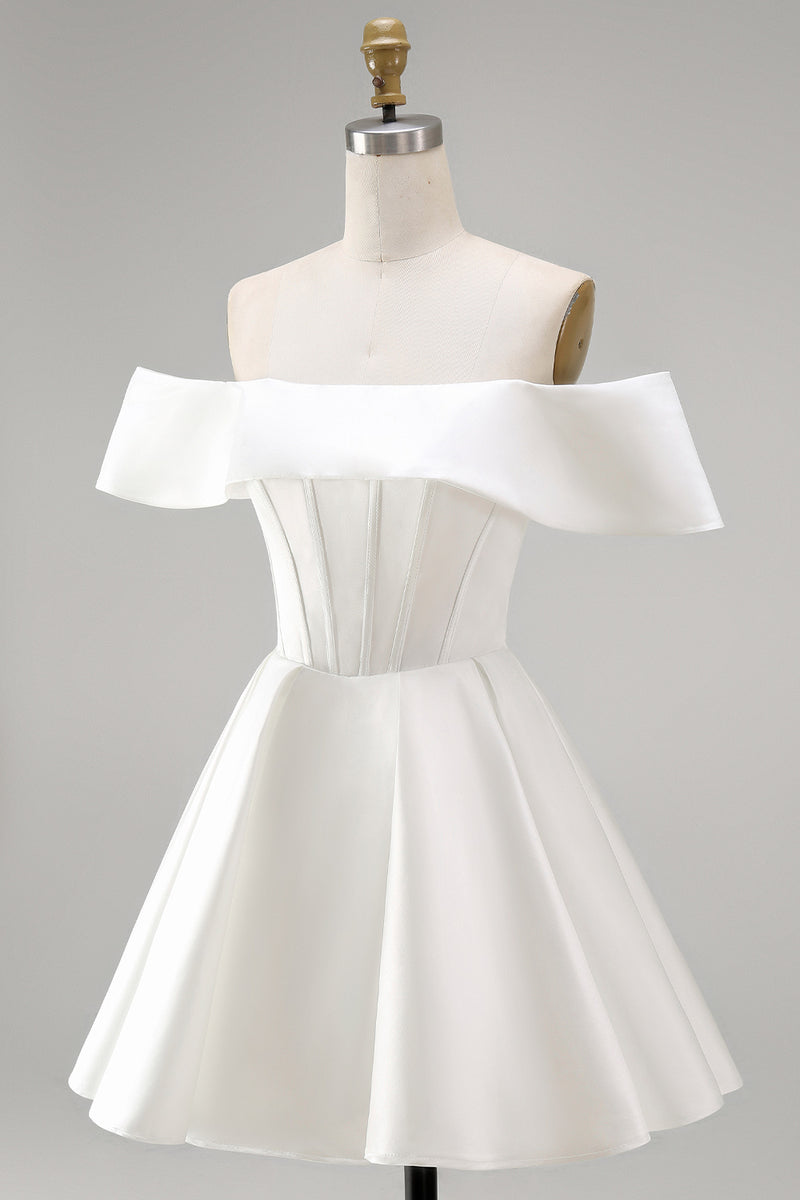 Load image into Gallery viewer, White Corset Ruched A Line Off The Shoulder Short Wedding Dress