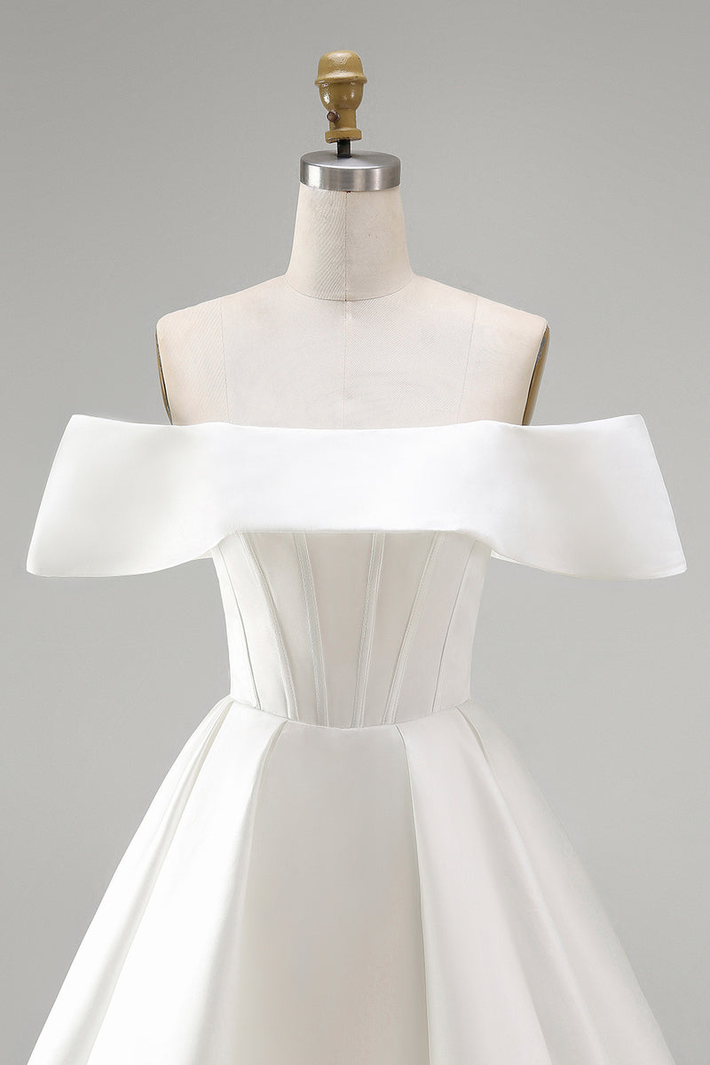 Load image into Gallery viewer, White Corset Ruched A Line Off The Shoulder Short Wedding Dress