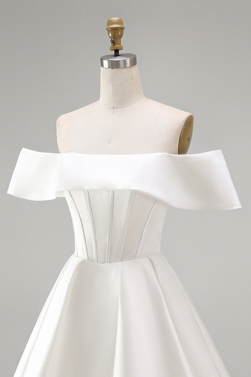 Load image into Gallery viewer, White Corset Ruched A Line Off The Shoulder Short Wedding Dress