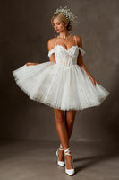 Load image into Gallery viewer, White Tulle Corset Cold Shoulder Appliqued A Line Short Wedding Dress