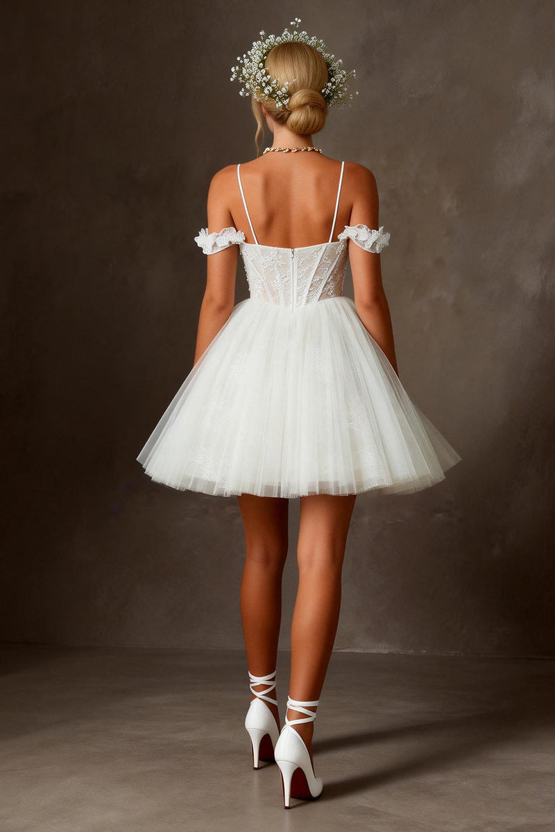 Load image into Gallery viewer, White Tulle Corset Cold Shoulder Appliqued A Line Short Wedding Dress