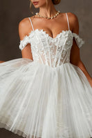 Load image into Gallery viewer, White Tulle Corset Cold Shoulder Appliqued A Line Short Wedding Dress