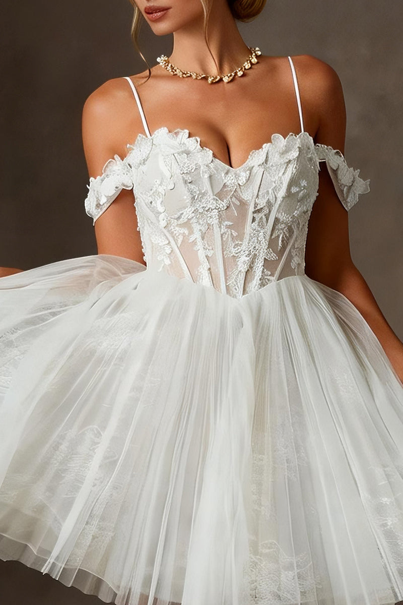 Load image into Gallery viewer, White Tulle Corset Cold Shoulder Appliqued A Line Short Wedding Dress
