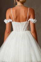 Load image into Gallery viewer, White Tulle Corset Cold Shoulder Appliqued A Line Short Wedding Dress