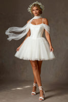 Load image into Gallery viewer, White Tulle Corset Cold Shoulder A Line Short Wedding Dress
