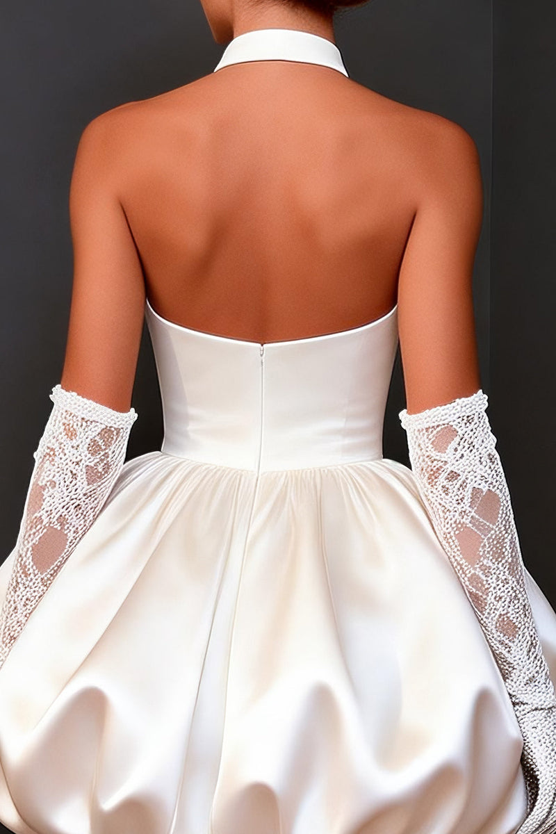 Load image into Gallery viewer, White Satin Halter A Line Keyhole Short Wedding Dress