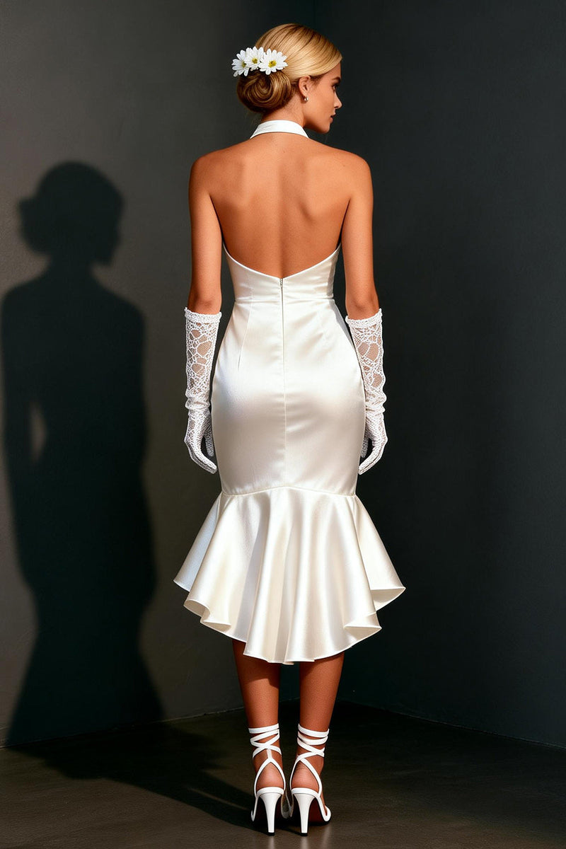 Load image into Gallery viewer, White Satin Bodycon Halter High-Low Wedding Dress with Ruffles