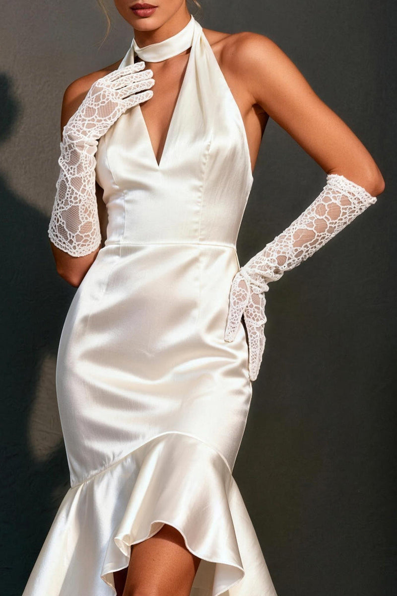 Load image into Gallery viewer, White Satin Bodycon Halter High-Low Wedding Dress with Ruffles