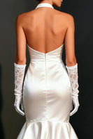 Load image into Gallery viewer, White Satin Bodycon Halter High-Low Wedding Dress with Ruffles