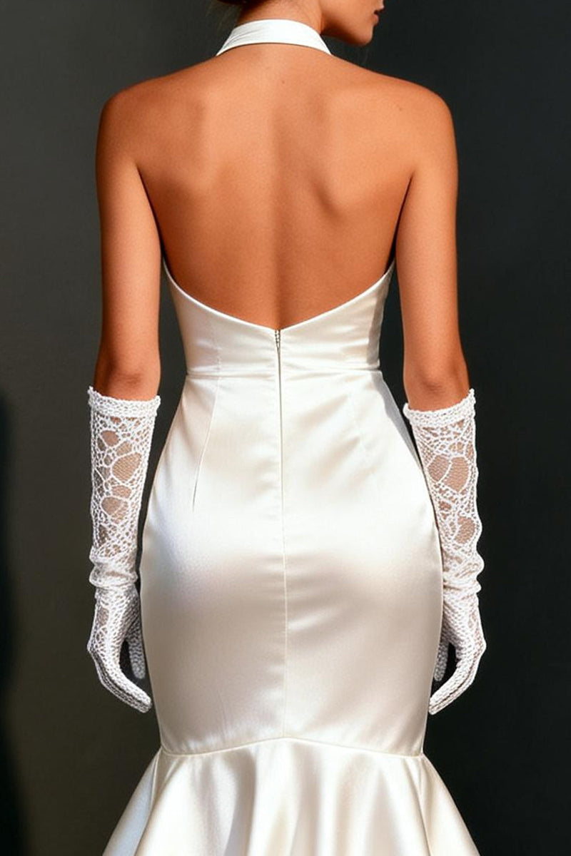 Load image into Gallery viewer, White Satin Bodycon Halter High-Low Wedding Dress with Ruffles