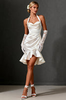 Load image into Gallery viewer, White Satin Bodycon Ruffled Halter Short Wedding Dress