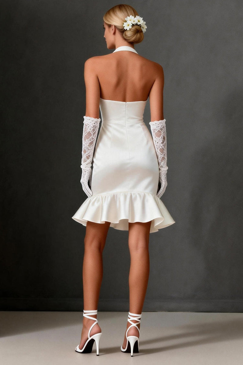 Load image into Gallery viewer, White Satin Bodycon Ruffled Halter Short Wedding Dress