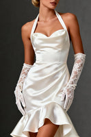 Load image into Gallery viewer, White Satin Bodycon Ruffled Halter Short Wedding Dress
